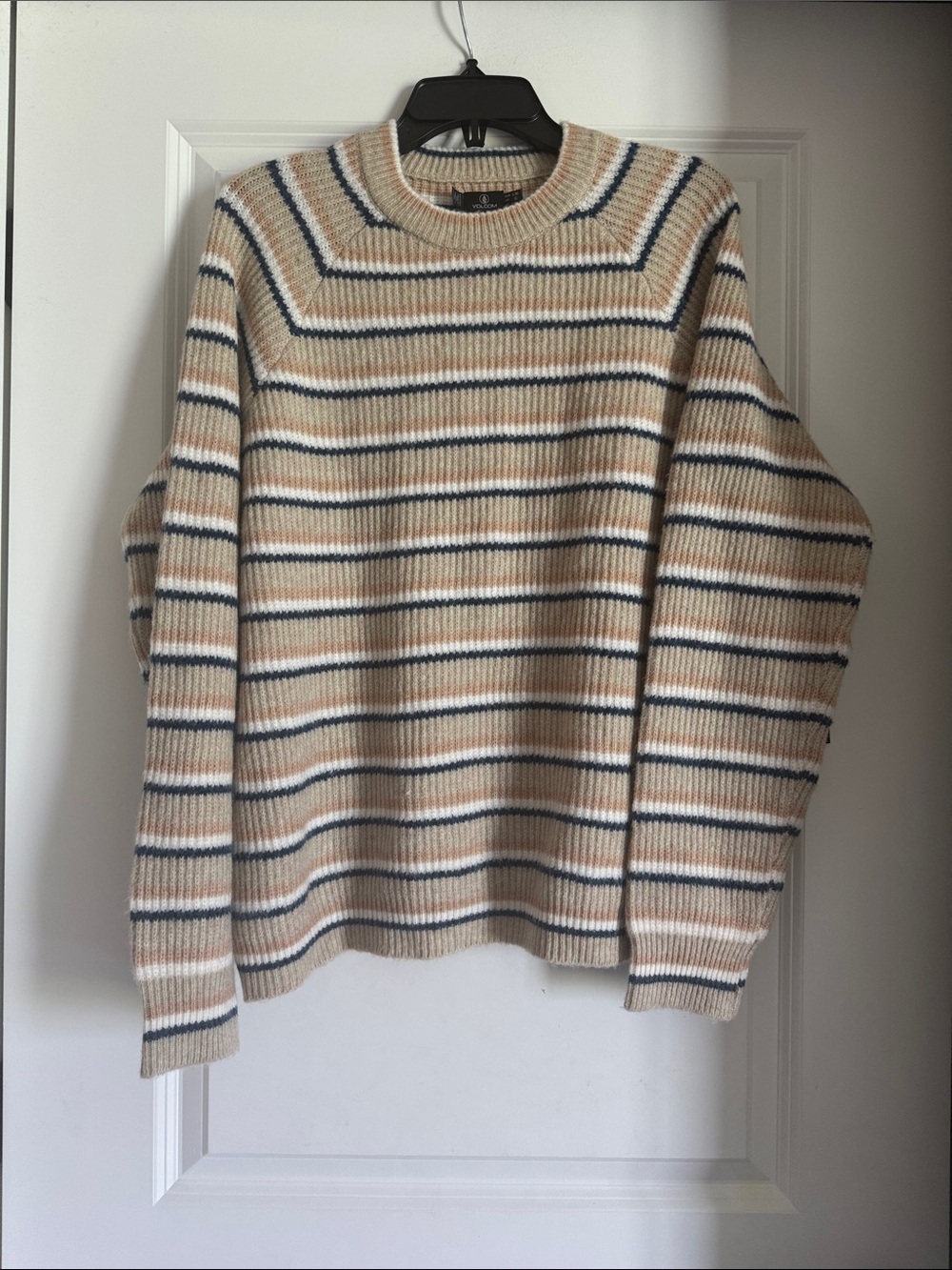 Volcom Striped Crewneck Sweater in Cream, Navy, and Tan